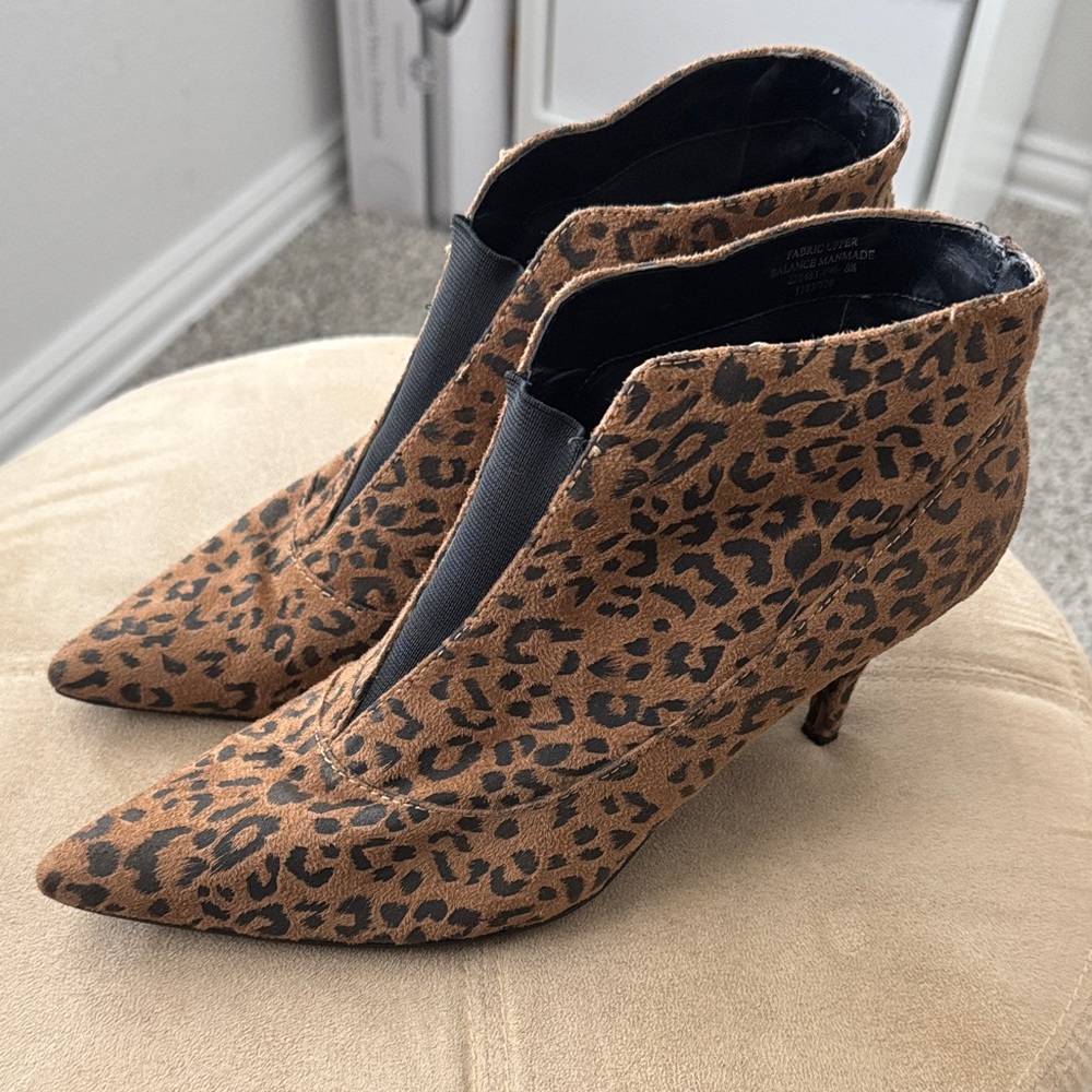 Colin Stuart Leopard-Print Pointed Kitten Heel Ankle Booties in Brown and Black